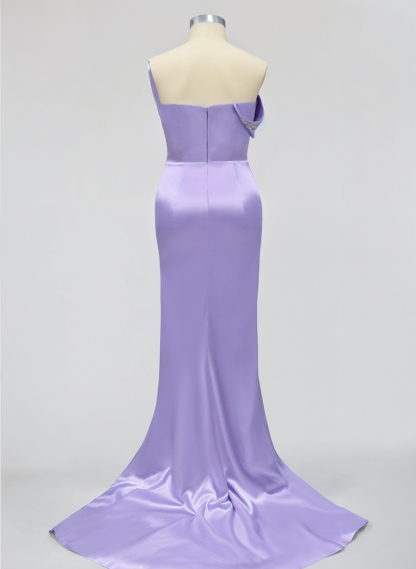 Sparkle Bejeweled Plunge Neck One-Shoulder Matte Satin Bridesmaid Dresses With Front Slit