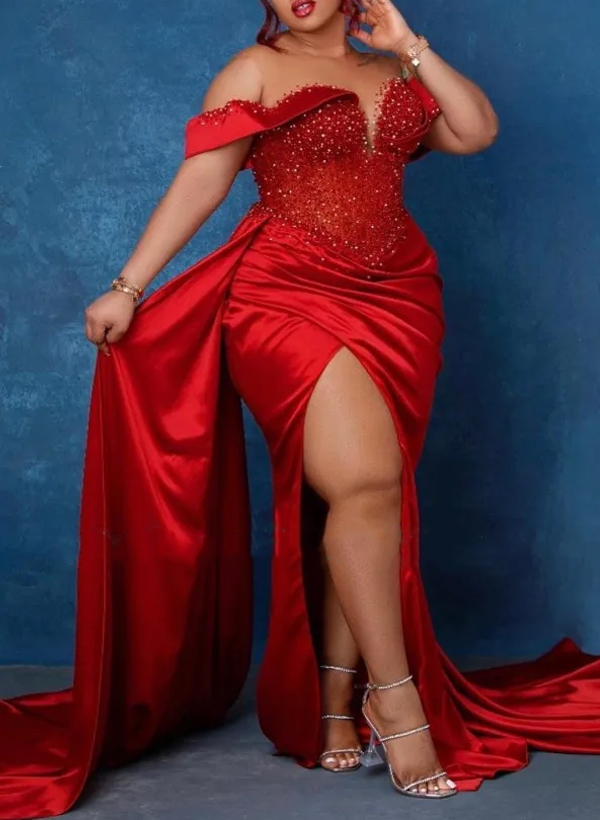 Trumpet/Mermaid Sweetheart Silk Like Satin Bridesmaid Dresses With High Split in Red, US2