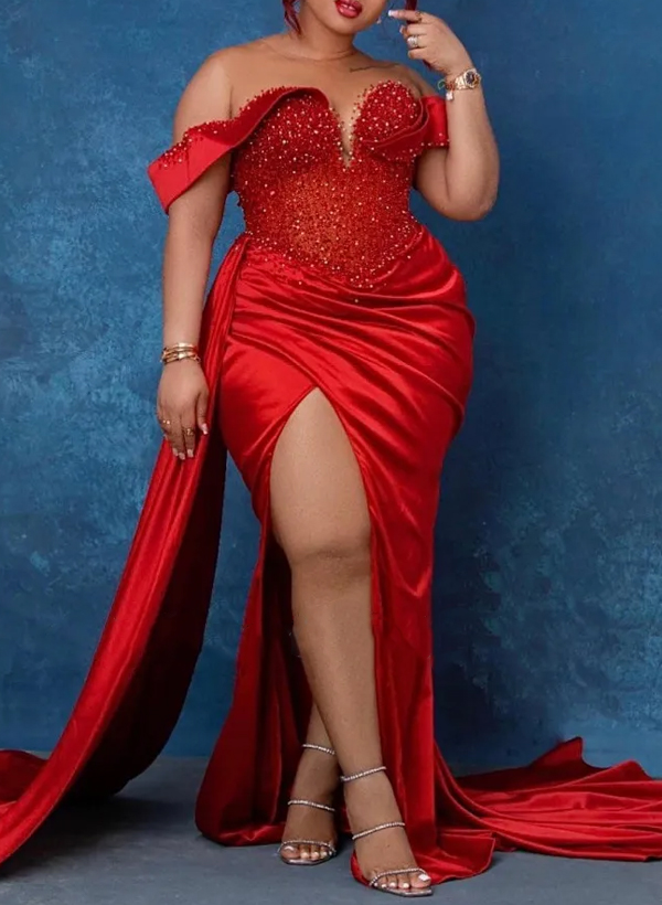 Trumpet/Mermaid Sweetheart Silk Like Satin Bridesmaid Dresses With High Split, product image 2