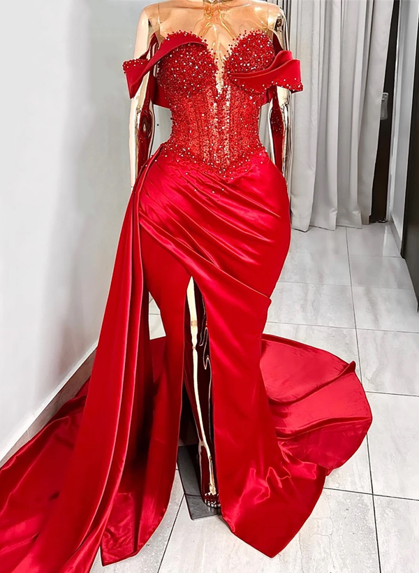 Trumpet/Mermaid Sweetheart Silk Like Satin Bridesmaid Dresses With High Split, product image 4