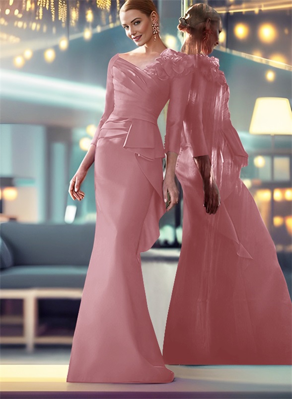 Mermaid Shoulder Ruffle Long Sleeves Mother Of The Bride Dresses With Buttons Down The Back
