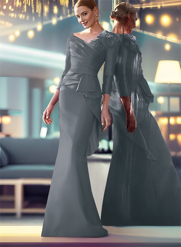 Mermaid Shoulder Ruffle Long Sleeves Mother Of The Bride Dresses With Buttons Down The Back