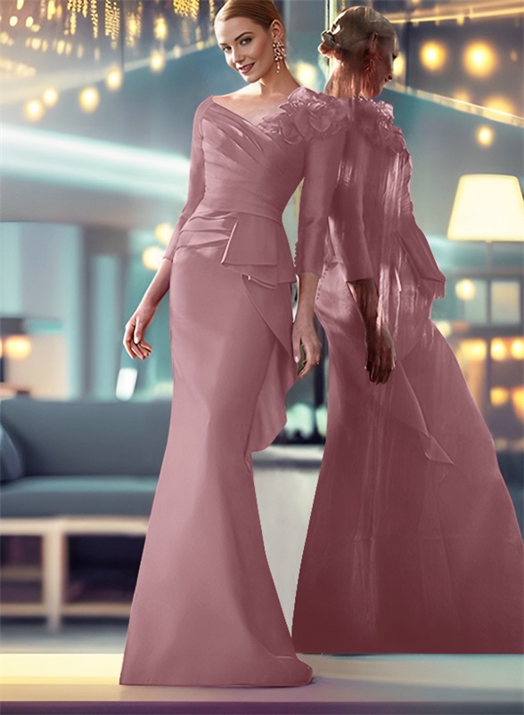 Mermaid Shoulder Ruffle Long Sleeves Mother Of The Bride Dresses With Buttons Down The Back