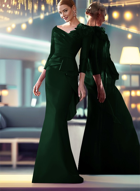 Mermaid Shoulder Ruffle Long Sleeves Mother Of The Bride Dresses With Buttons Down The Back