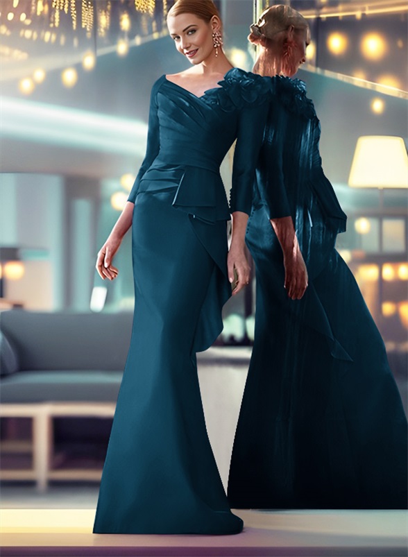 Mermaid Shoulder Ruffle Long Sleeves Mother Of The Bride Dresses With Buttons Down The Back