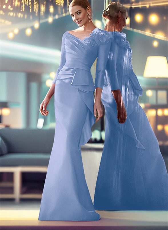Mermaid Shoulder Ruffle Long Sleeves Mother Of The Bride Dresses With Buttons Down The Back