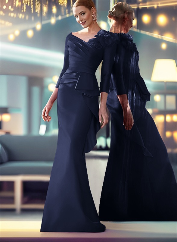 Mermaid Shoulder Ruffle Long Sleeves Mother Of The Bride Dresses With Buttons Down The Back