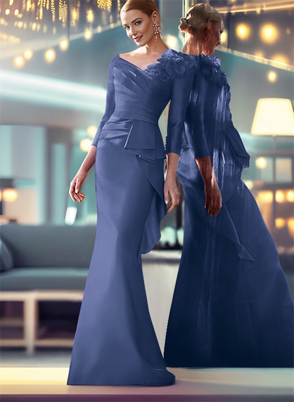 Mermaid Shoulder Ruffle Long Sleeves Mother Of The Bride Dresses With Buttons Down The Back