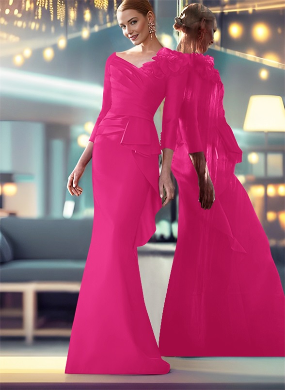Mermaid Shoulder Ruffle Long Sleeves Mother Of The Bride Dresses With Buttons Down The Back