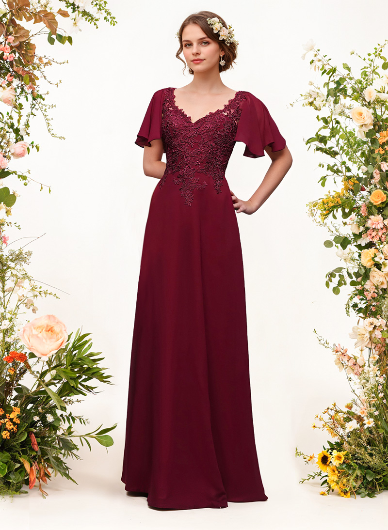 V-Neck Lace Sleeves A-Line Bridesmaid Dresses, image 1