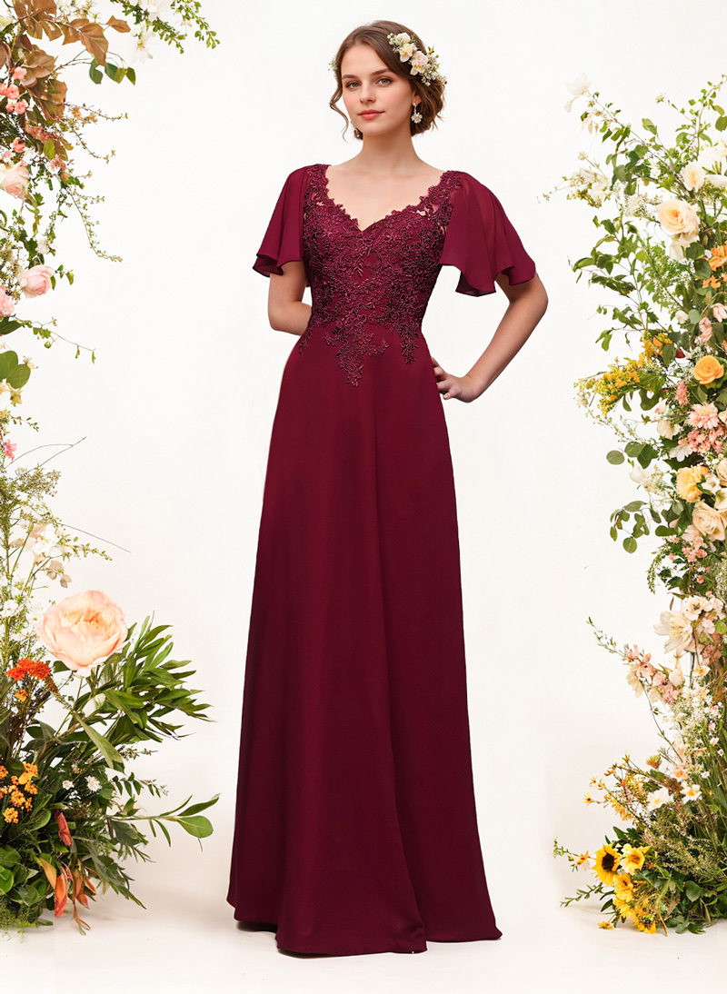 V-Neck Lace Sleeves A-Line Bridesmaid Dresses in As Picture, US2