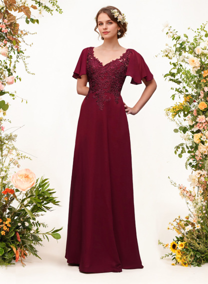 V-Neck Lace Sleeves A-Line Bridesmaid Dresses