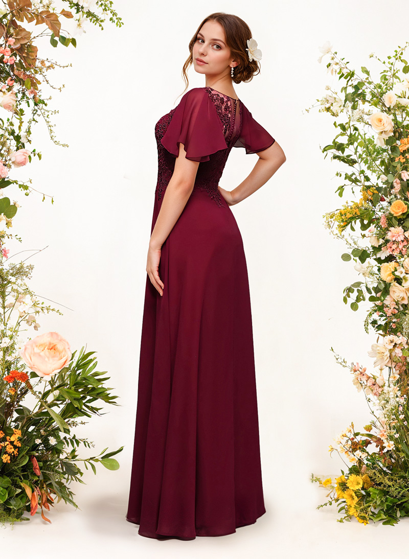 V-Neck Lace Sleeves A-Line Bridesmaid Dresses, image 2