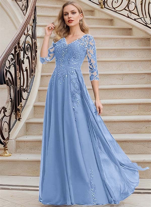 Elegant V-Neck 3/4 Sleeves Floor-Length Chiffon Mother Of The Bride Dresses With Appliques Lace