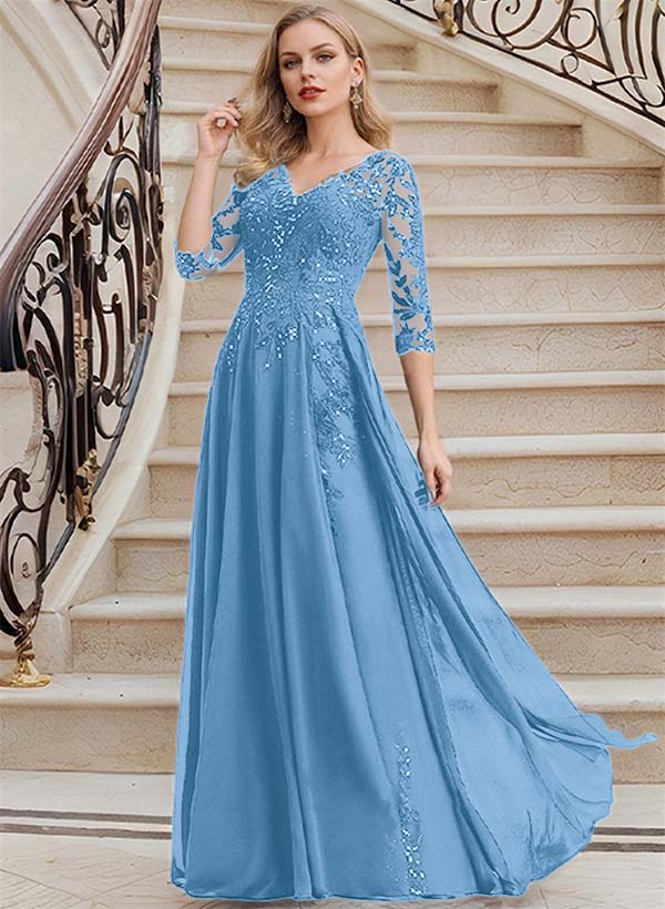 Elegant V-Neck 3/4 Sleeves Floor-Length Chiffon Mother Of The Bride Dresses With Appliques Lace