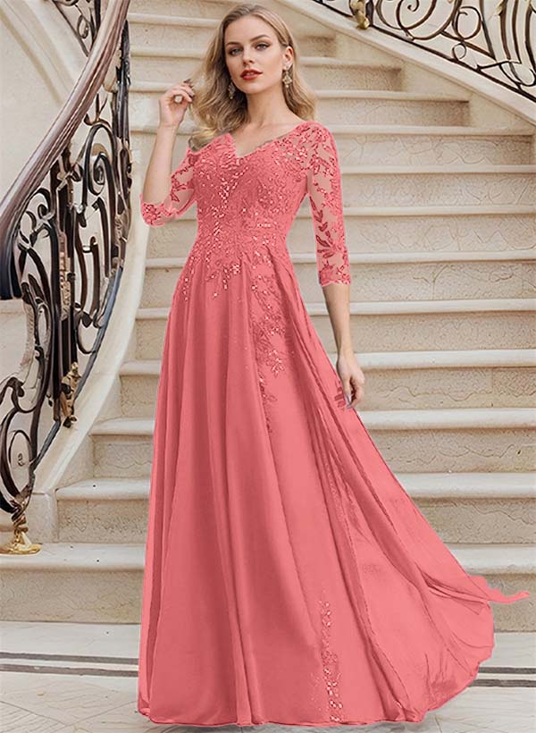 Elegant V-Neck 3/4 Sleeves Floor-Length Chiffon Mother Of The Bride Dresses With Appliques Lace