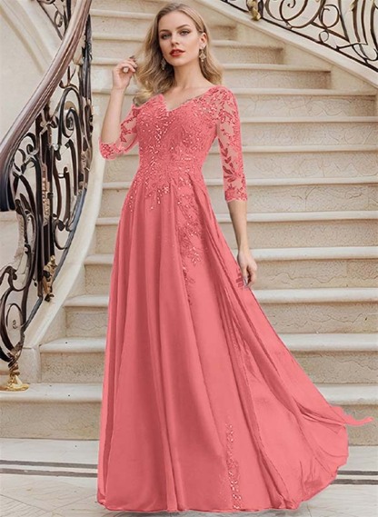 Elegant V-Neck 3/4 Sleeves Floor-Length Chiffon Mother Of The Bride Dresses With Appliques Lace
