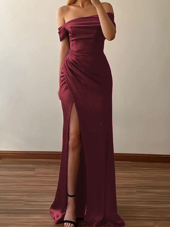 Sheath/Column Off-The-Shoulder Silk Like Satin High Split Prom Dress