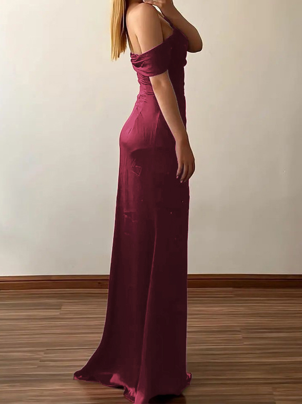 Sheath/Column Off-The-Shoulder Silk Like Satin High Split Prom Dress