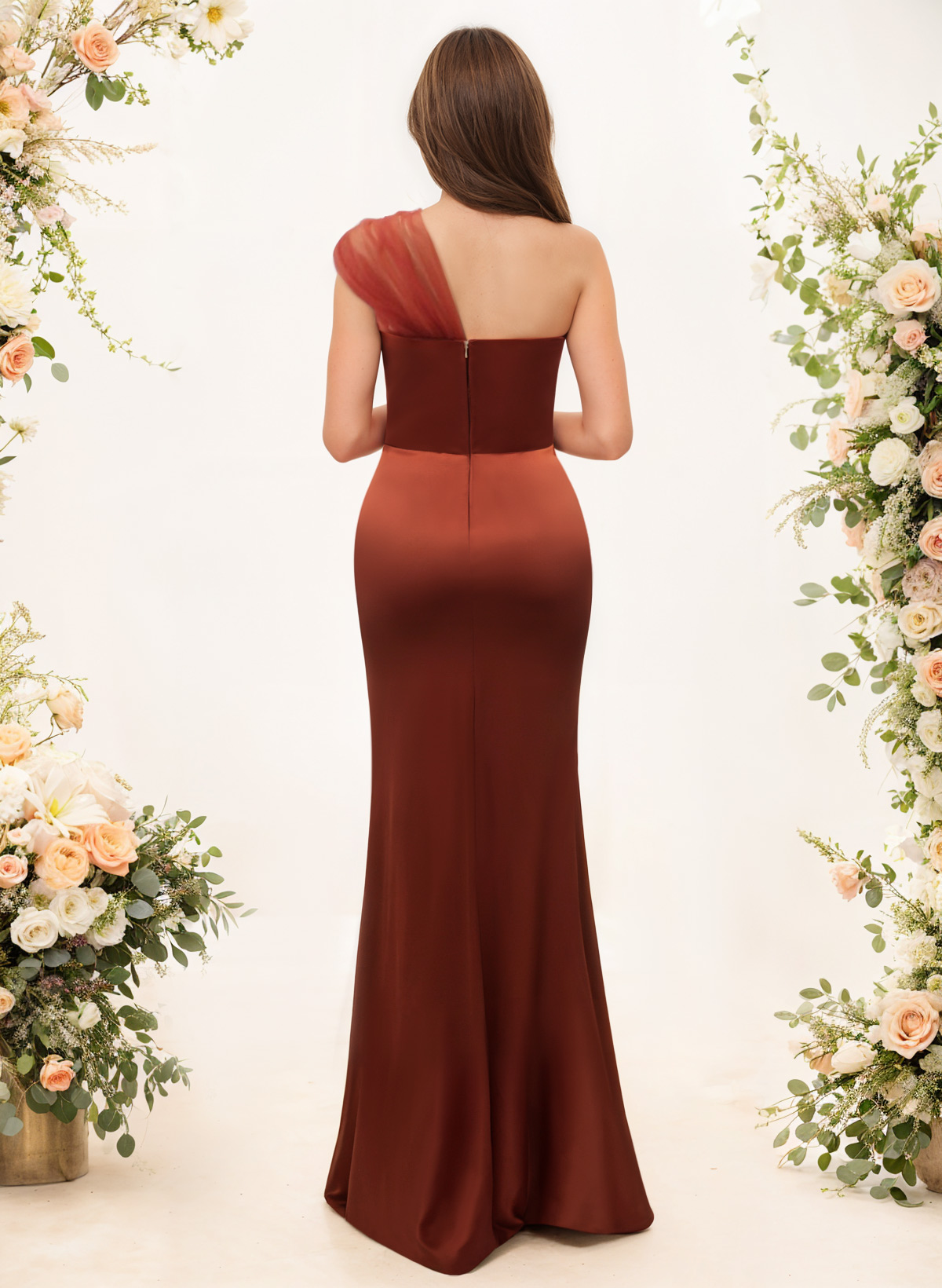 Trumpet/Mermaid One-Shoulder Sleeveless Satin/Tulle Bridesmaid Dresses, product image 4