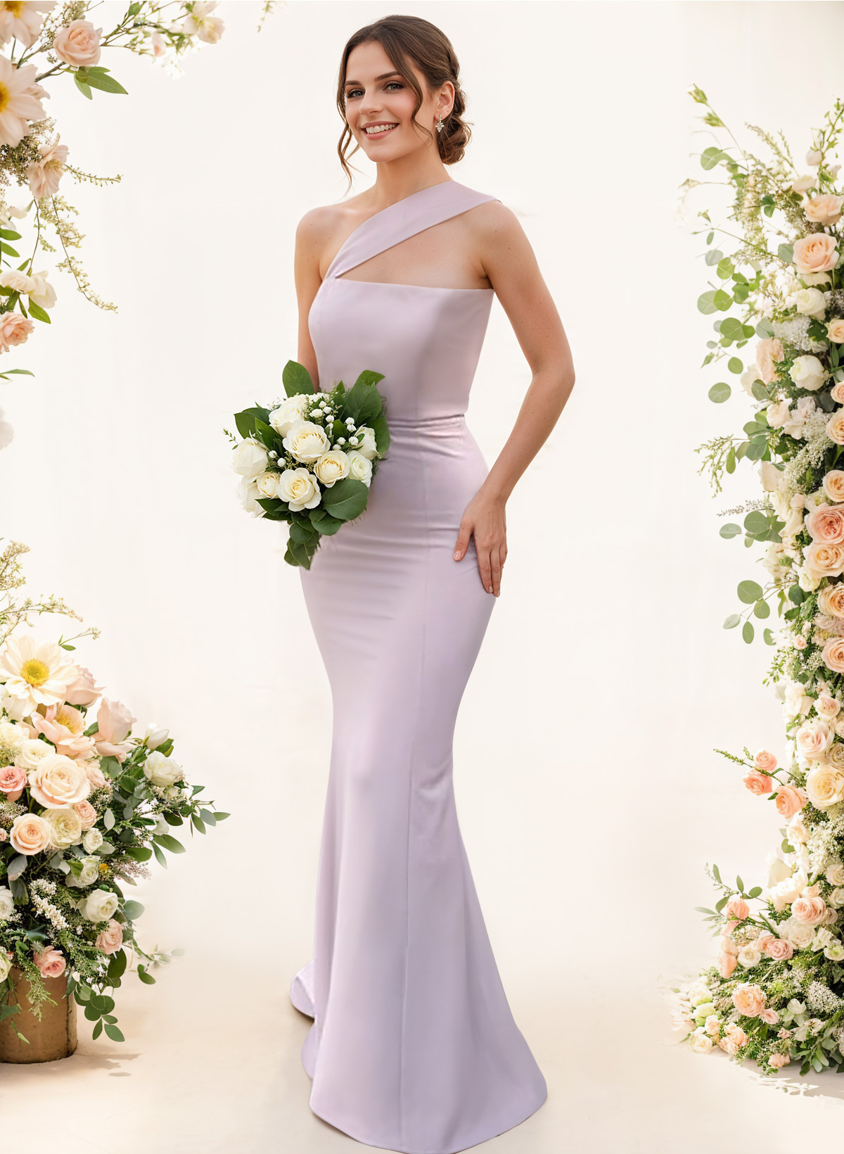 One-Shoulder Trumpet/Mermaid Pink Elastic Satin Bridesmaid Dresses, product image 4
