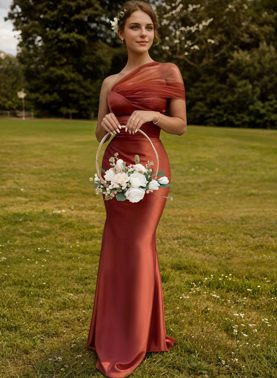 Trumpet/Mermaid One-Shoulder Sleeveless Satin/Tulle Bridesmaid Dresses, product image 3