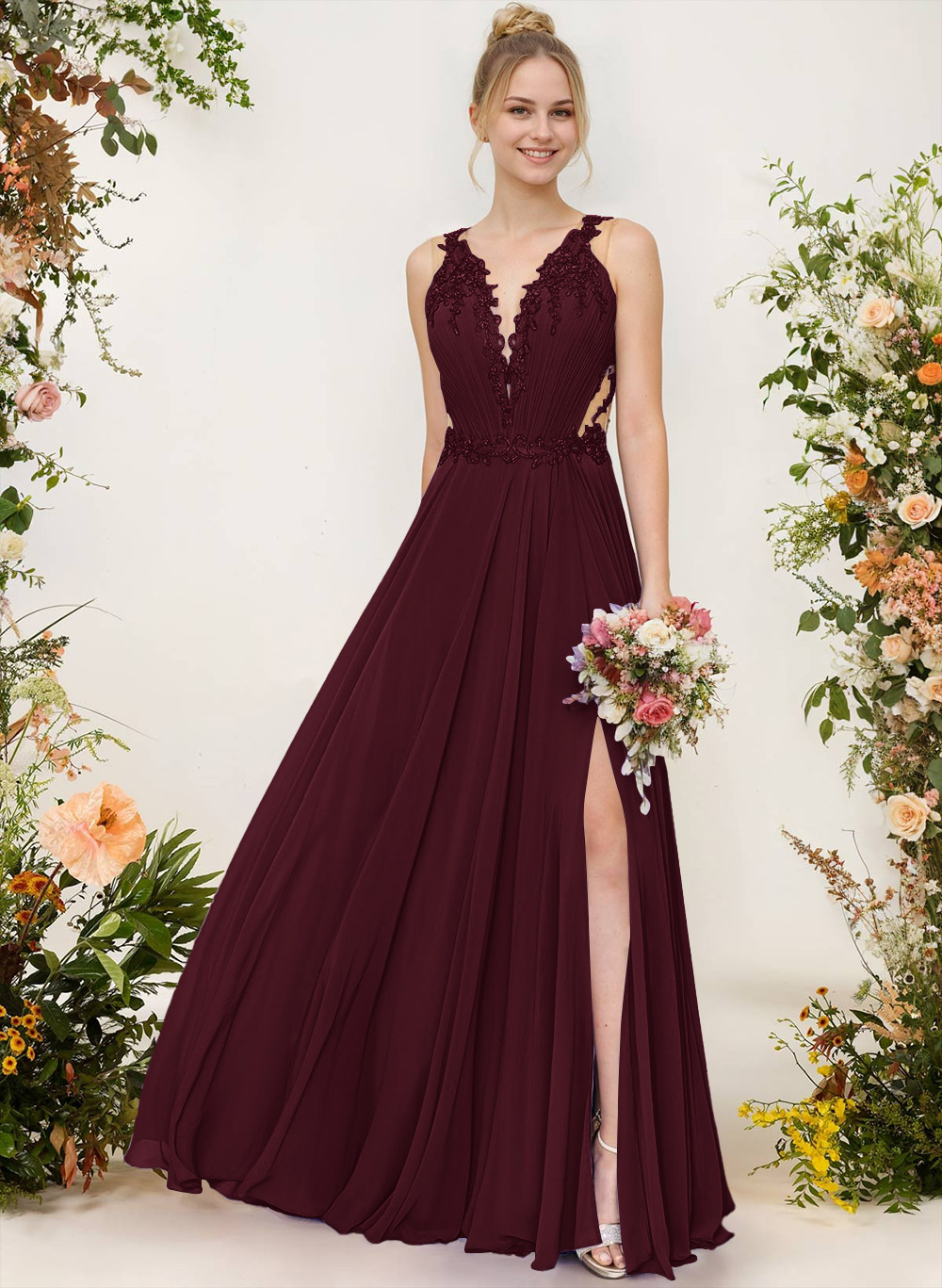 A-Line V-Neck Sleeveless Chiffon Bridesmaid Dresses With Lace/High Split, image 15