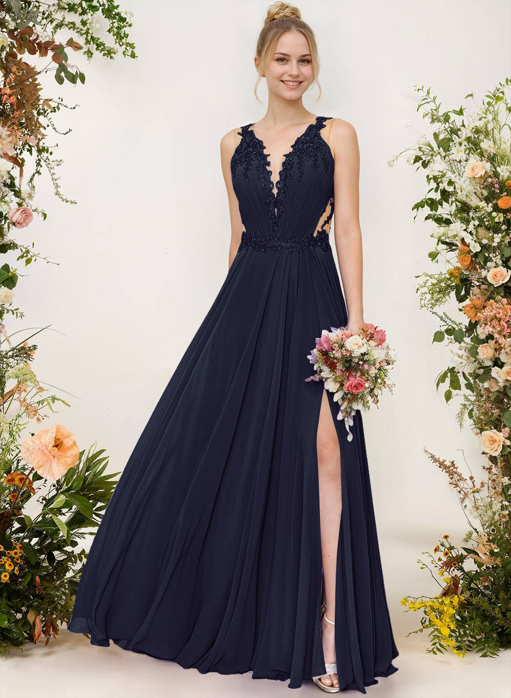 A-Line V-Neck Sleeveless Chiffon Bridesmaid Dresses With Lace/High Split, image 3