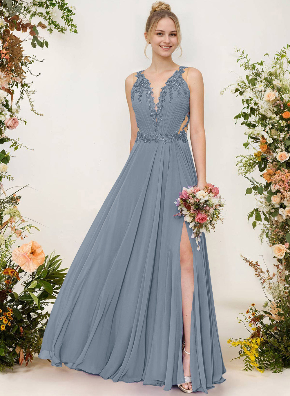 A-Line V-Neck Sleeveless Chiffon Bridesmaid Dresses With Lace/High Split, image 5