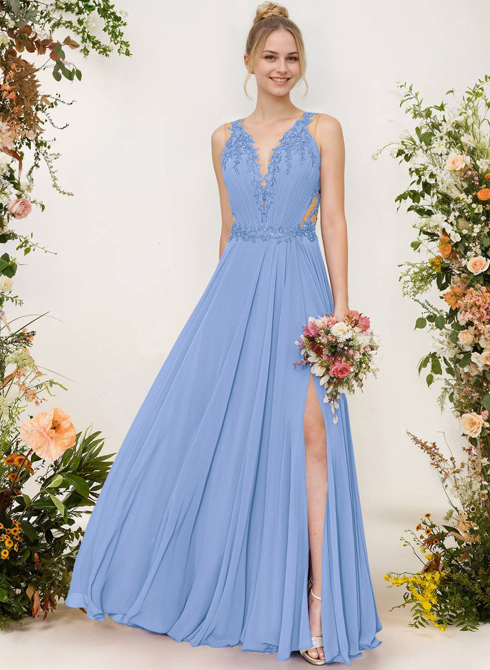 A-Line V-Neck Sleeveless Chiffon Bridesmaid Dresses With Lace/High Split, image 12
