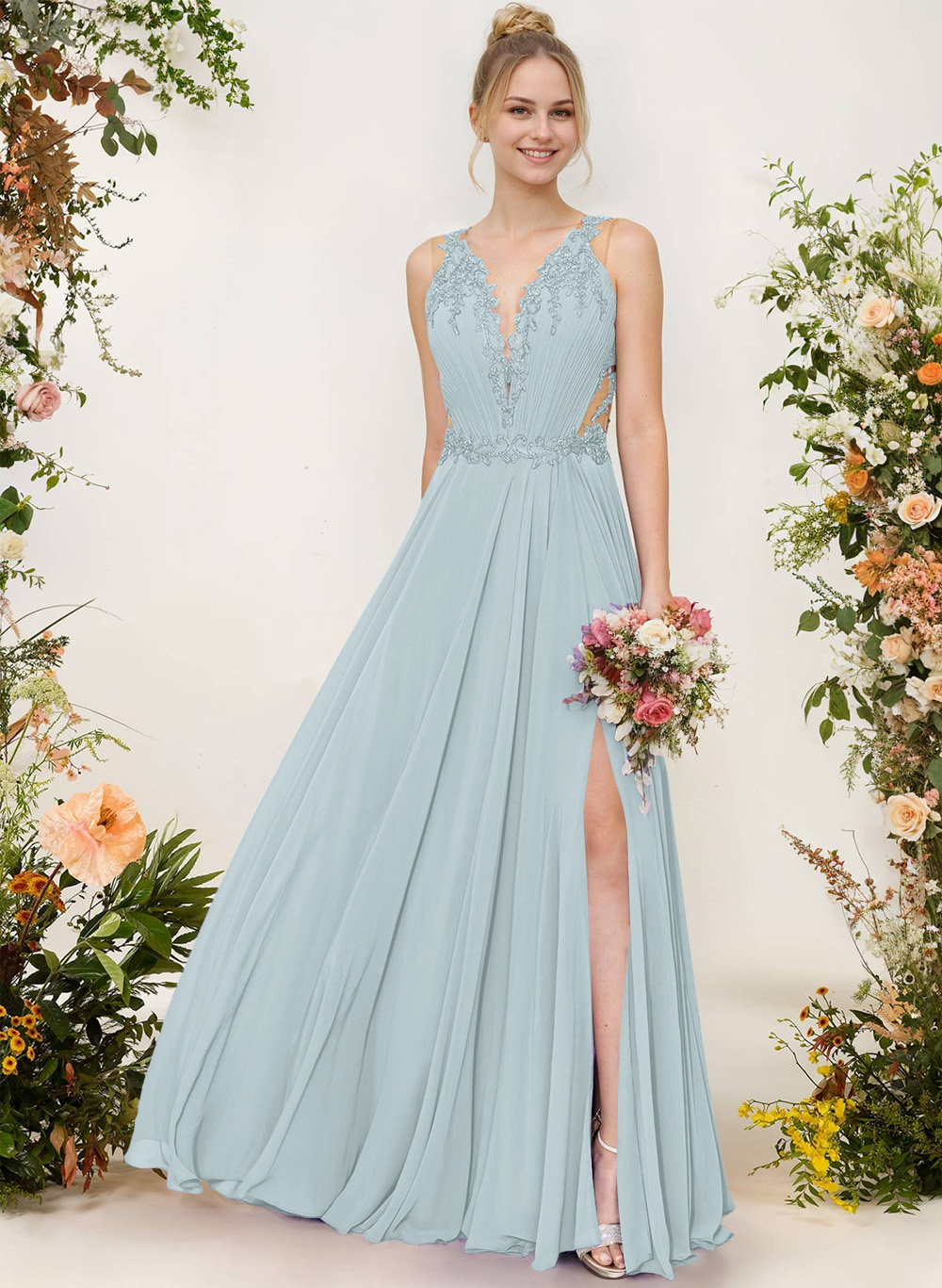 A-Line V-Neck Sleeveless Chiffon Bridesmaid Dresses With Lace/High Split, image 14