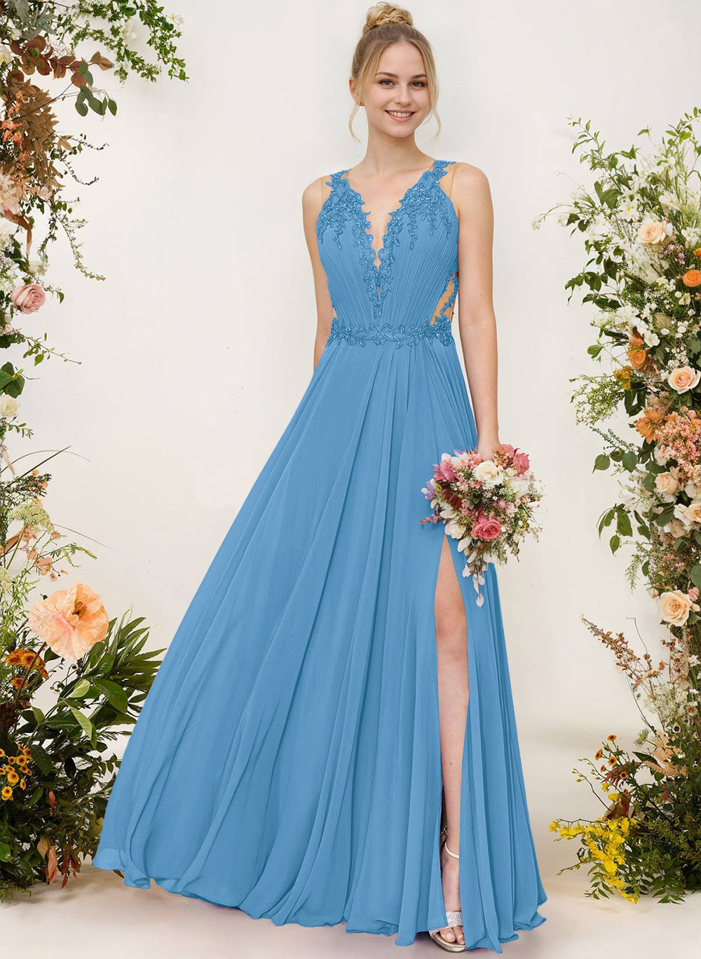 A-Line V-Neck Sleeveless Chiffon Bridesmaid Dresses With Lace/High Split, image 11
