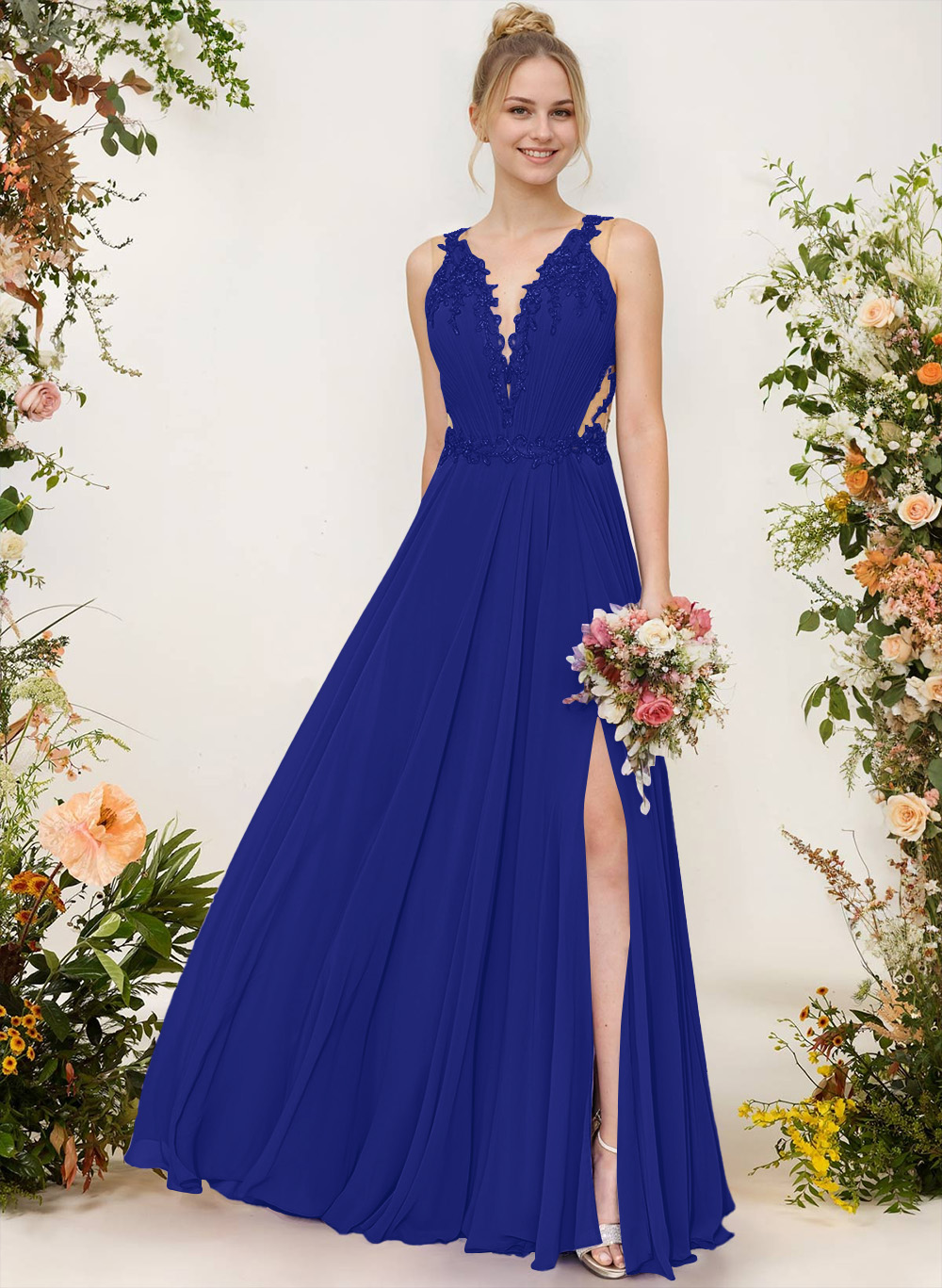 A-Line V-Neck Sleeveless Chiffon Bridesmaid Dresses With Lace/High Split, image 9