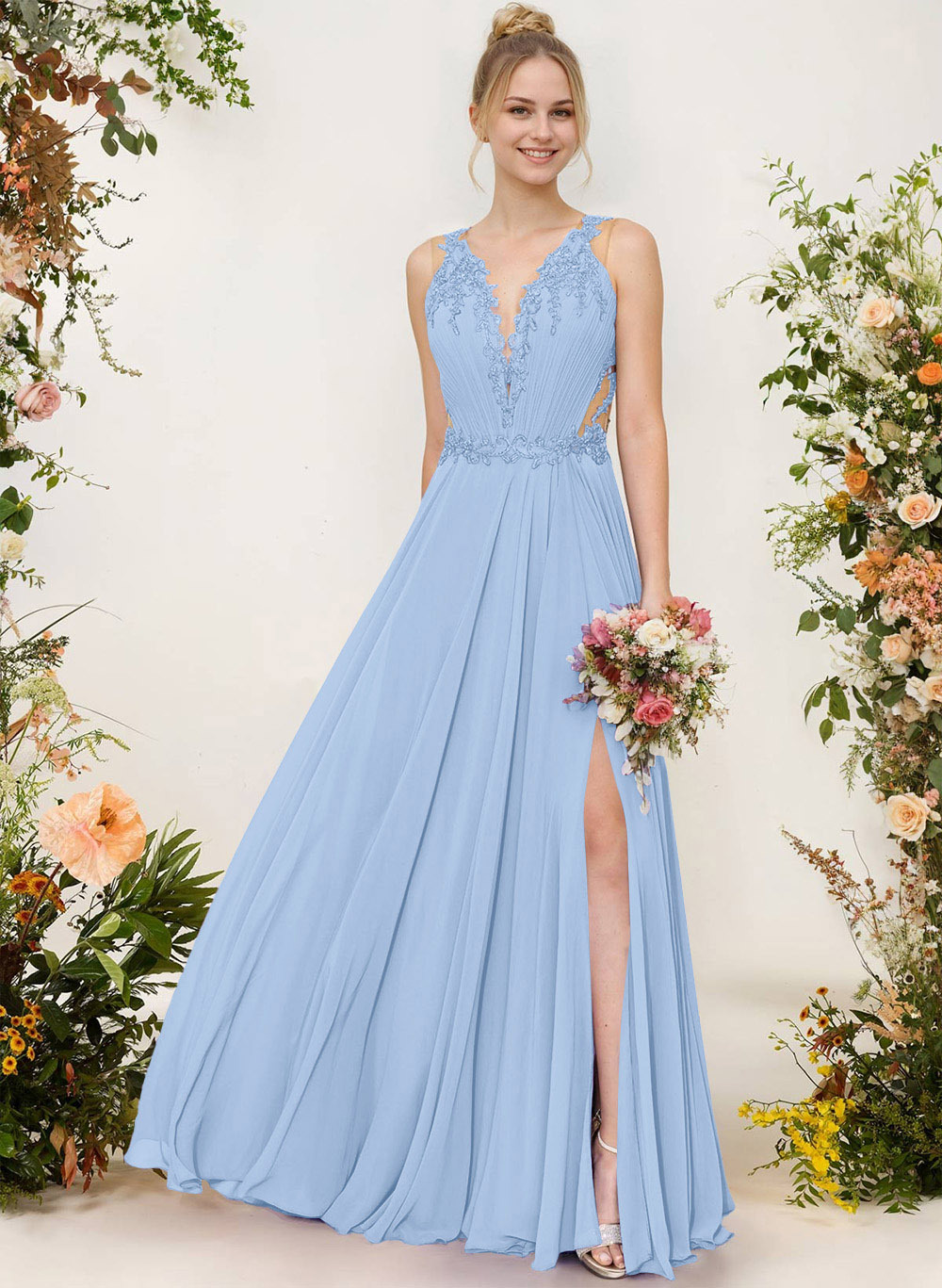 A-Line V-Neck Sleeveless Chiffon Bridesmaid Dresses With Lace/High Split, image 13