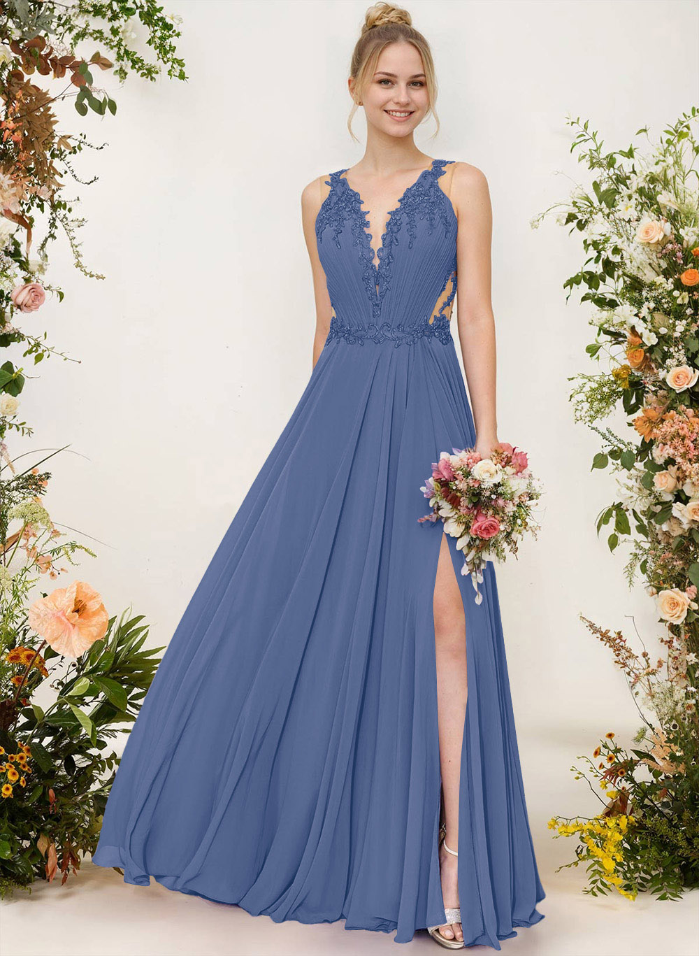 A-Line V-Neck Sleeveless Chiffon Bridesmaid Dresses With Lace/High Split, image 6