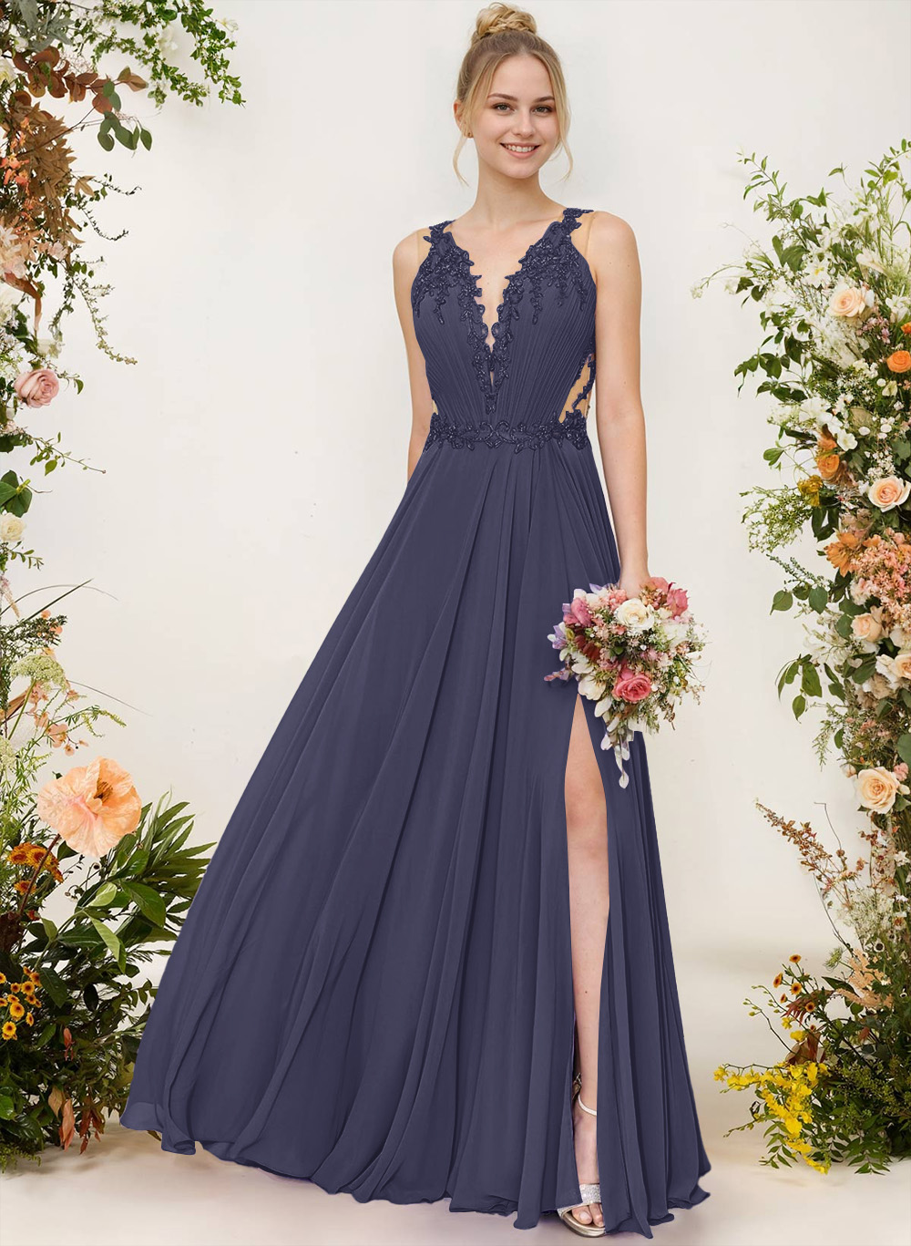 A-Line V-Neck Sleeveless Chiffon Bridesmaid Dresses With Lace/High Split, image 7