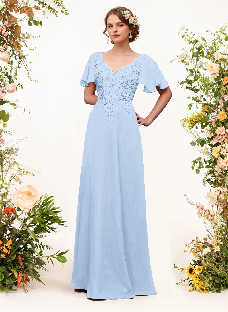 V-Neck Lace Sleeves A-Line Bridesmaid Dresses, image 12