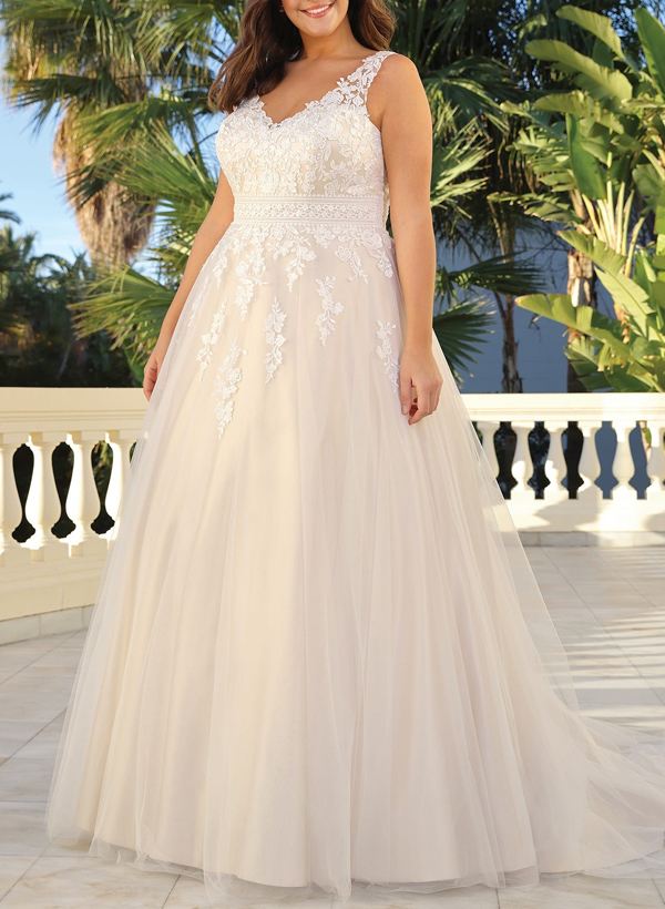 A-Line V-Neck Sleeveless Court Train Lace/Tulle Plus Size Wedding Dresses in Ivory, US2