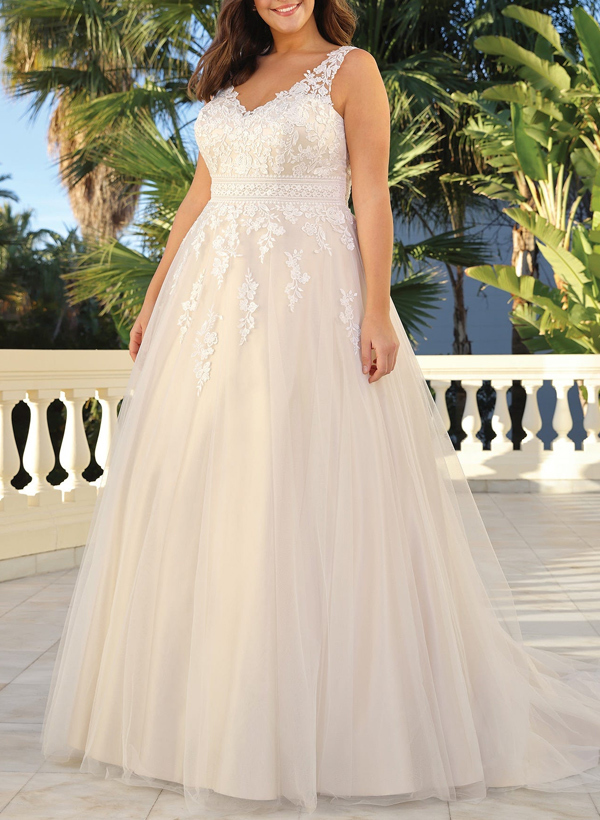 A-Line V-Neck Sleeveless Court Train Lace/Tulle Plus Size Wedding Dresses in Ivory, US2