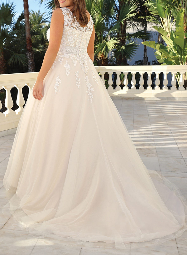 A-Line V-Neck Sleeveless Court Train Lace/Tulle Plus Size Wedding Dresses, product image 2