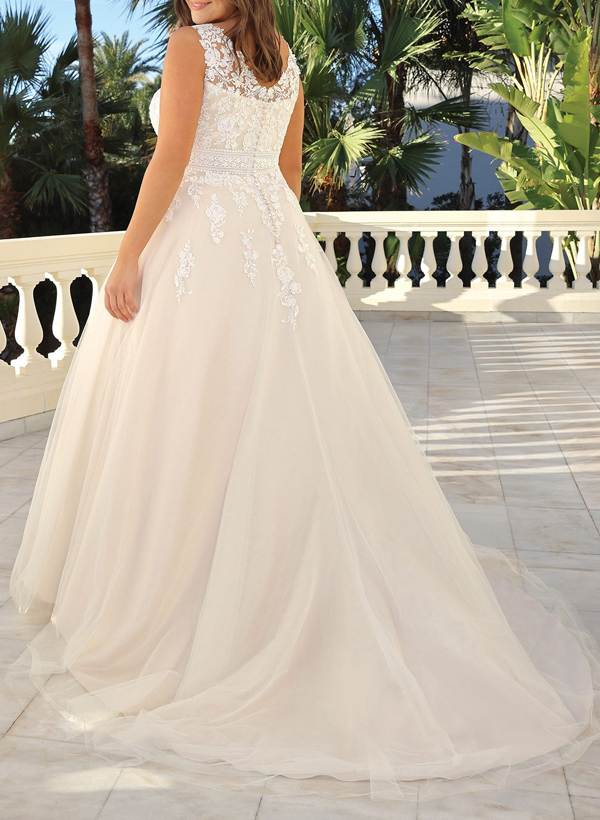A-Line V-Neck Sleeveless Court Train Lace/Tulle Plus Size Wedding Dresses, product image 2