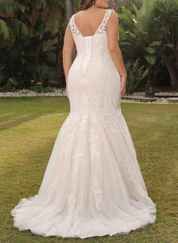 Trumpet/Mermaid V-Neck Sleeveless Sweep Train Lace/Tulle Wedding Dresses