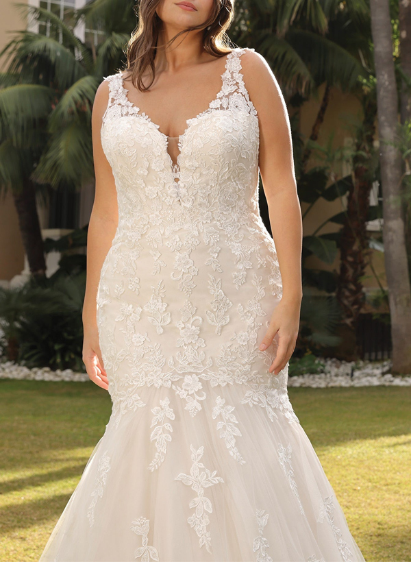 Trumpet/Mermaid V-Neck Sleeveless Sweep Train Lace/Tulle Wedding Dresses
