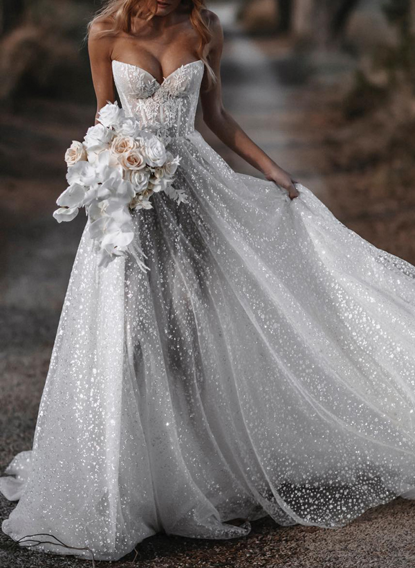 Sparkly Sequined Sweetheart Lace A-Line Wedding Dresses, image 1