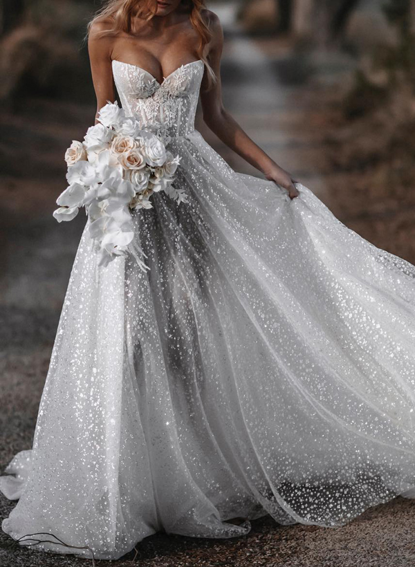 Sparkly Sequined Sweetheart Lace A-Line Wedding Dresses in Ivory, US2