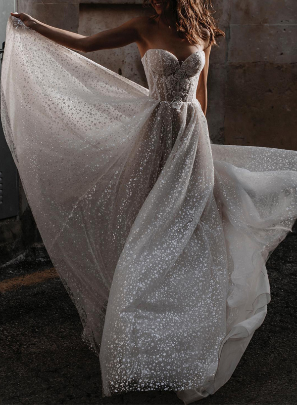 Sparkly Sequined Sweetheart Lace A-Line Wedding Dresses, image 2