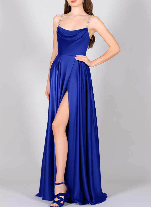 A-Line Cowl Neck Sleeveless Silk Like Satin Bridesmaid Dresses With High Split, image 3