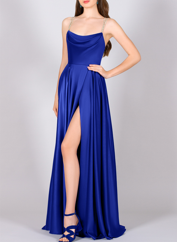 A-Line Cowl Neck Sleeveless Silk Like Satin Bridesmaid Dresses With High Split, image 3