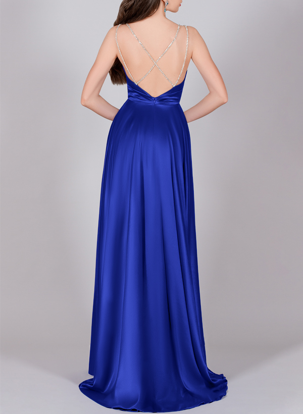 A-Line Cowl Neck Sleeveless Silk Like Satin Bridesmaid Dresses With High Split, image 4