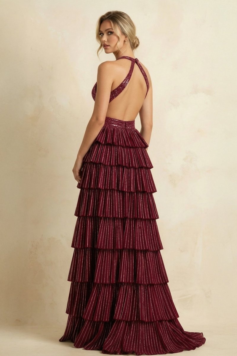 Royal Blue A-Line Halter Satin Beaded Long Prom Dresses With Ruffles Evening Dresses, product image 10